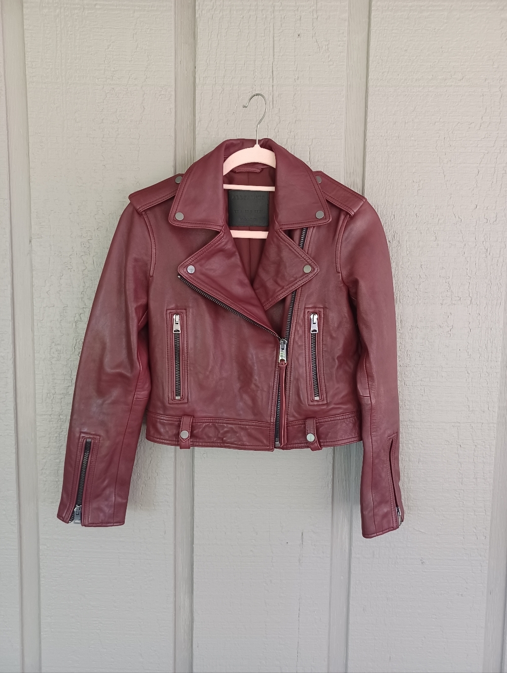 Allsaints Ayra Biker Sheep Leather Jacket Size 2 Women Long Sleeve In Burgundy